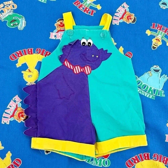 Vintage Kids Dinosaur Colorblock Romper Overalls Size 12-18 Months - Picture 2 of 6